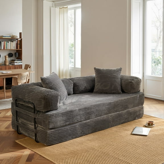 Toject 81" Convertible Sleeper Sofa Bed, Cloud Corduroy Floor Couch with Pillow, Comfy Foldable Couch Sofa Bed for Living Room, Bedroom, Gray