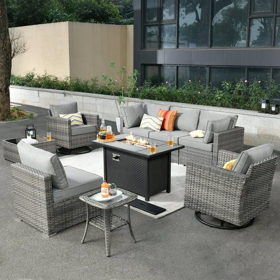 Toject 9 Pieces Outdoor Paito Furniture Set, Outdoor Conversation Sets with Swivel Chairs and Fire Pit Wicker Outside Furniture for Graden Balcony (Dark Gray)