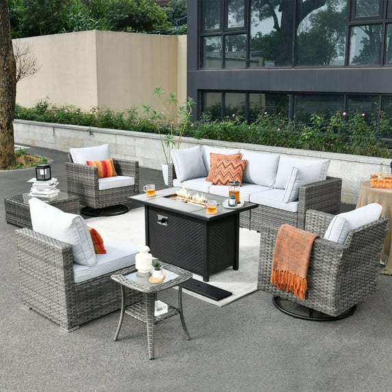 Toject 9 Pieces Outdoor Paito Furniture Set, Outdoor Conversation Sets with Swivel Chairs and Fire Pit Wicker Outside Furniture for Graden Balcony (Gray)