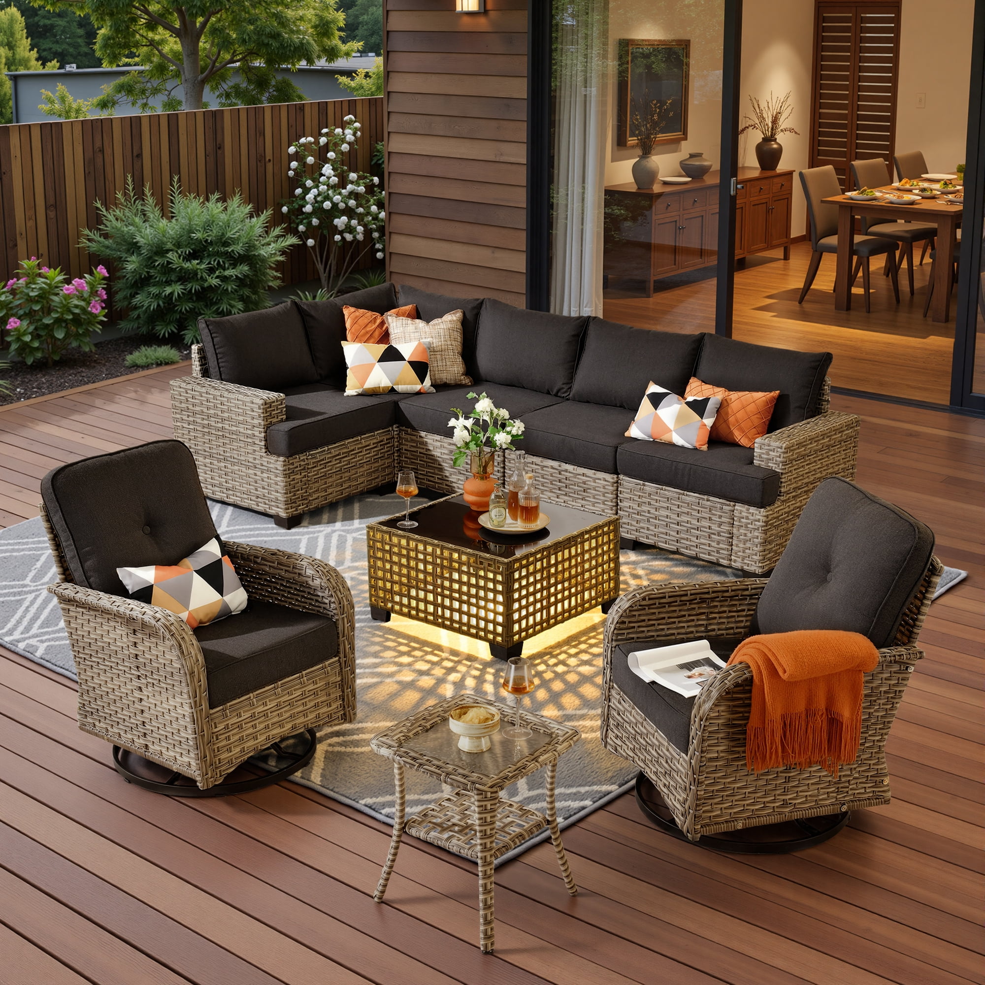 Toject 9 Pieces Patio Furniture Set Outside Furniture Wicker Patio Conversation Set with Swivel Chairs, Outdoor Furniture for Garden, Black