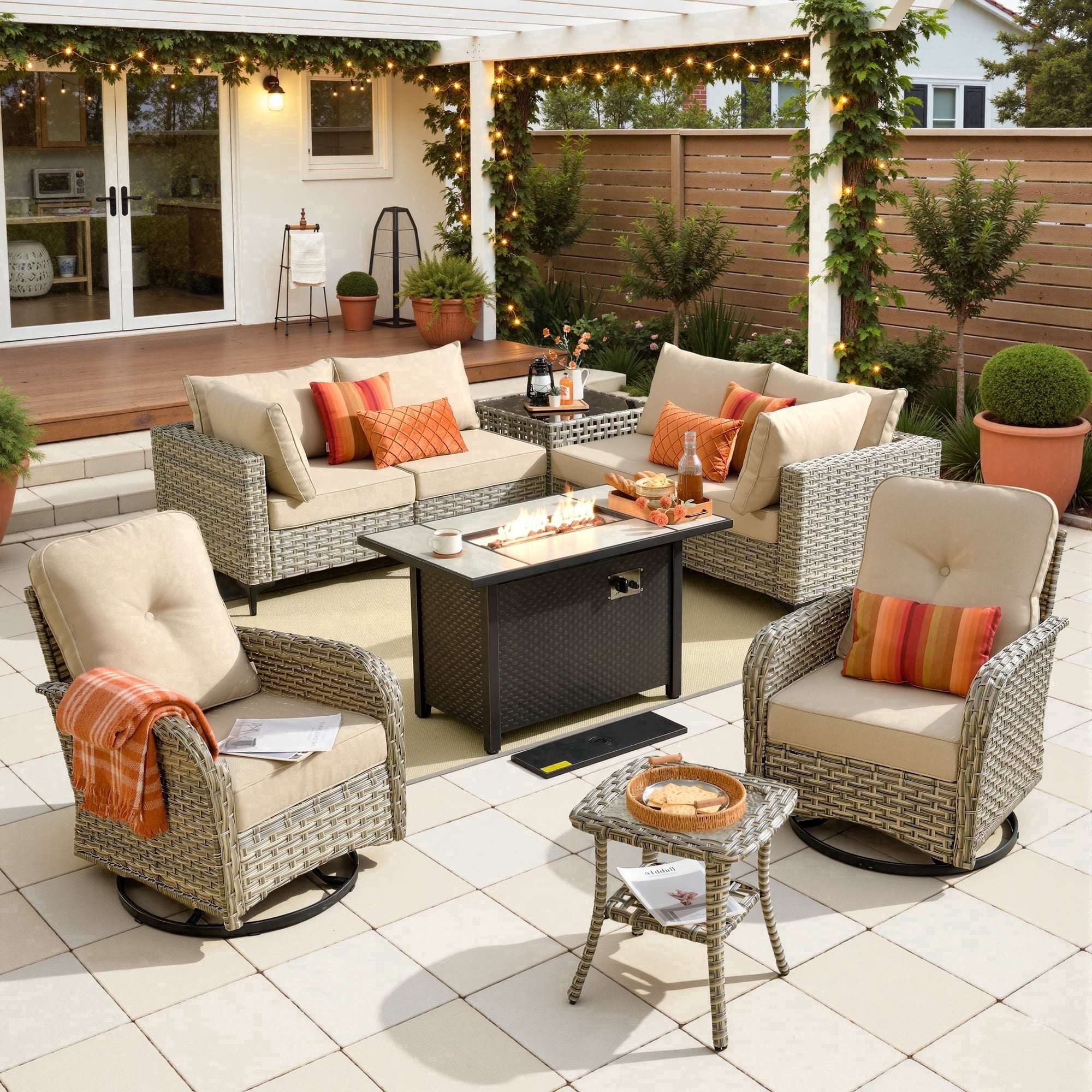 Toject 9 Pieces Patio Furniture Set All Weather Wicker Outdoor Conversation Set with 42" Fire Pit Outside Furniture Patio Sofa with Swivel Chairs & Solar Table, Beige