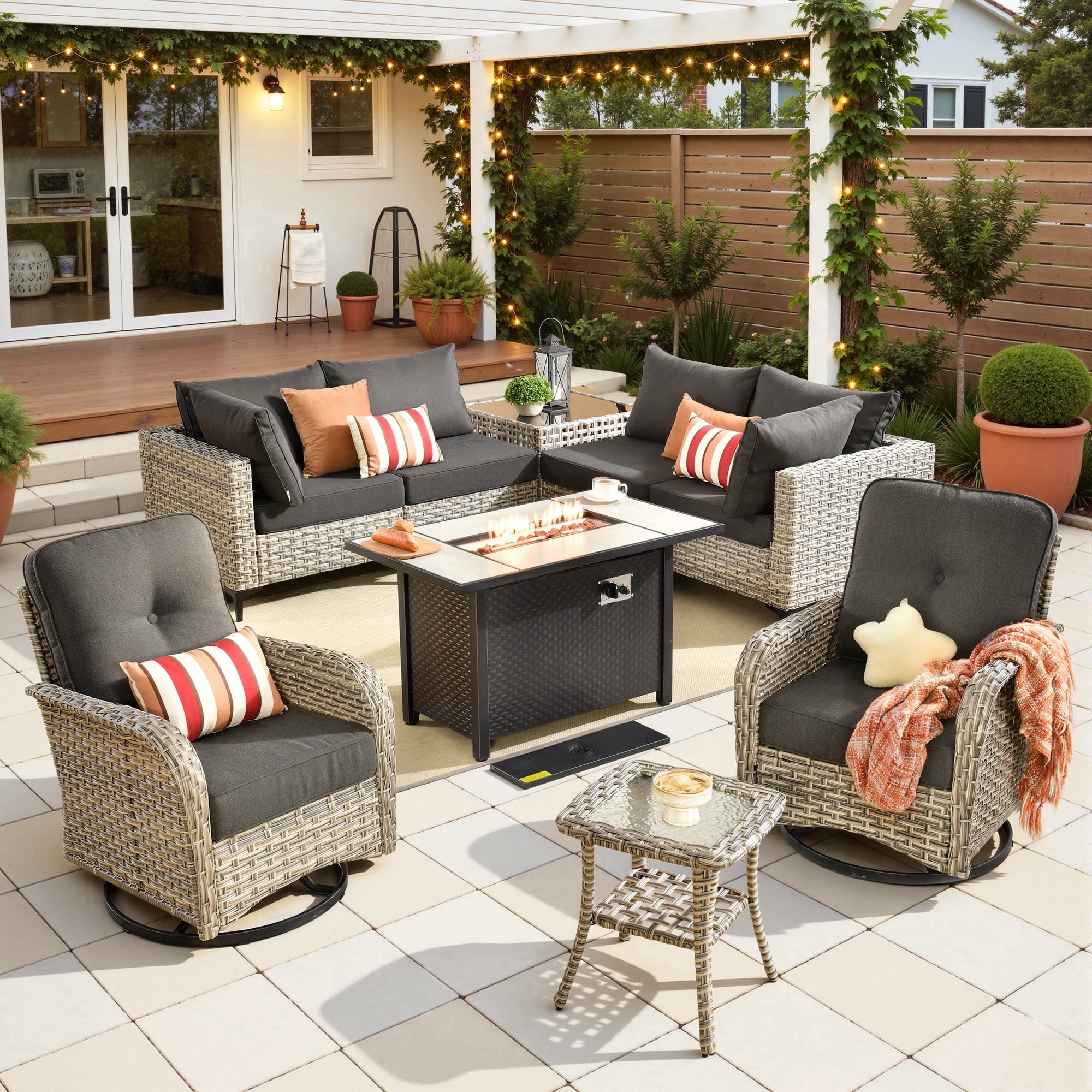 Toject 9 Pieces Patio Furniture Set All Weather Wicker Outdoor Conversation Set with 42" Fire Pit Outside Furniture Patio Sofa with Swivel Chairs & Solar Table, Black