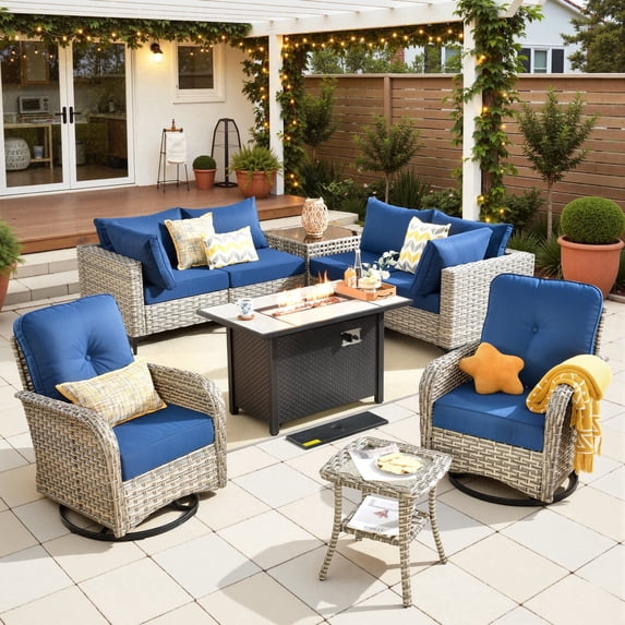 Toject 9 Pieces Patio Furniture Set All Weather Wicker Outdoor Conversation Set with 42" Fire Pit Outside Furniture Patio Sofa with Swivel Chairs & Solar Table, Navy Blue