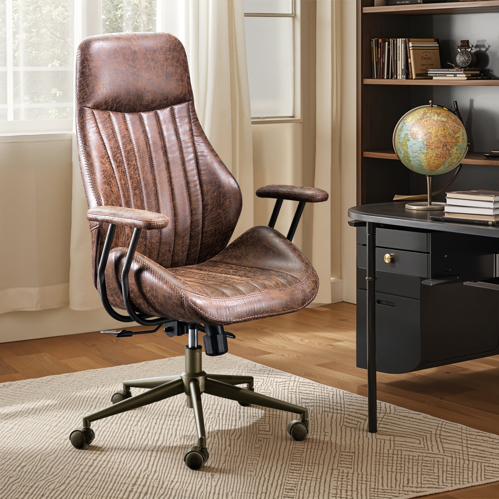 Toject Ergonomic Office Chair, High Back Comfy Home Office Chair with Lumbar Support, Mid-Century Modern Computer Executive Desk Chair with Padded Armrests (Suede Leather, Dark Brown)