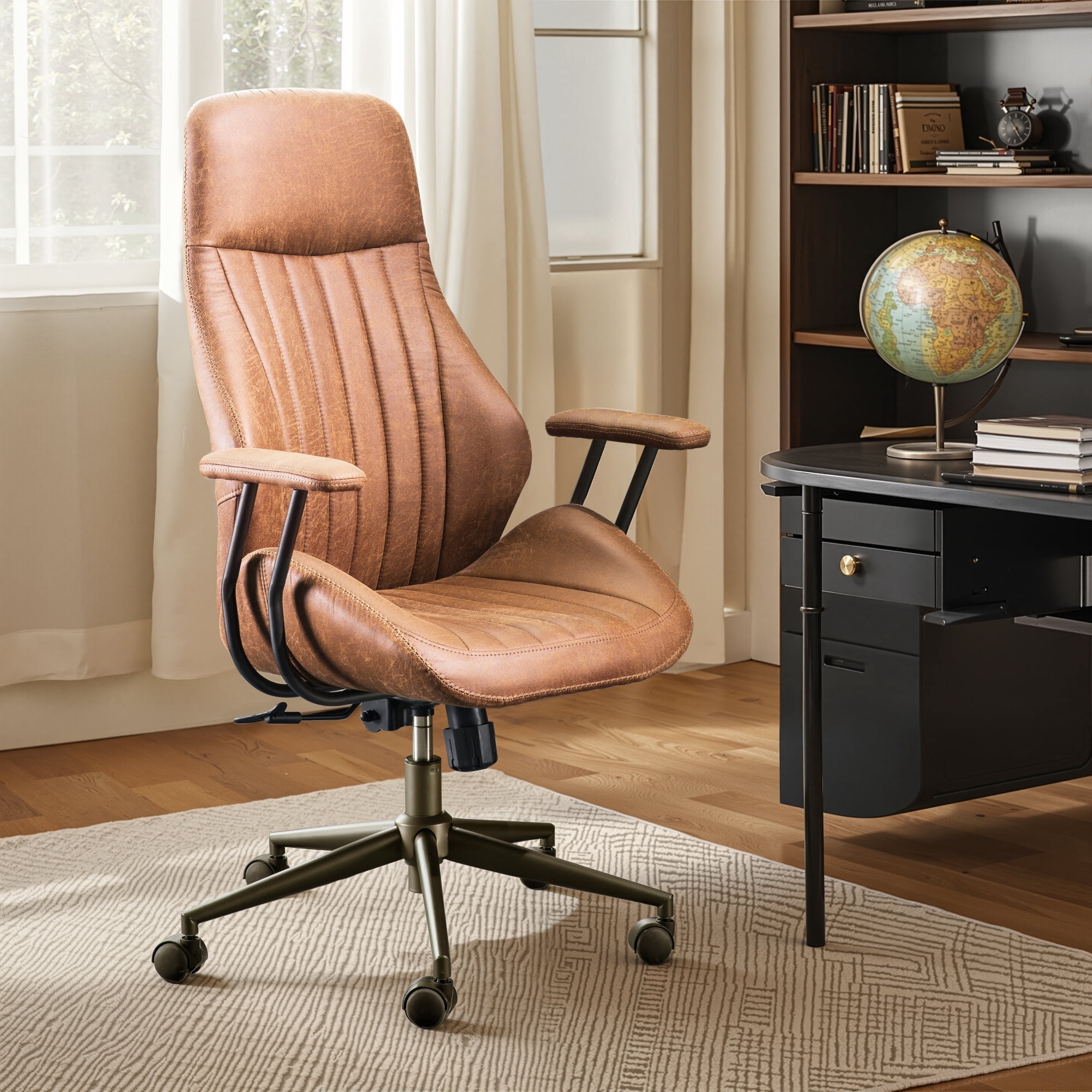 Toject Ergonomic Office Chair, High Back Comfy Home Office Chair with Lumbar Support, Mid-Century Modern Computer Executive Desk Chair with Padded Armrests (Suede Leather, Brown)