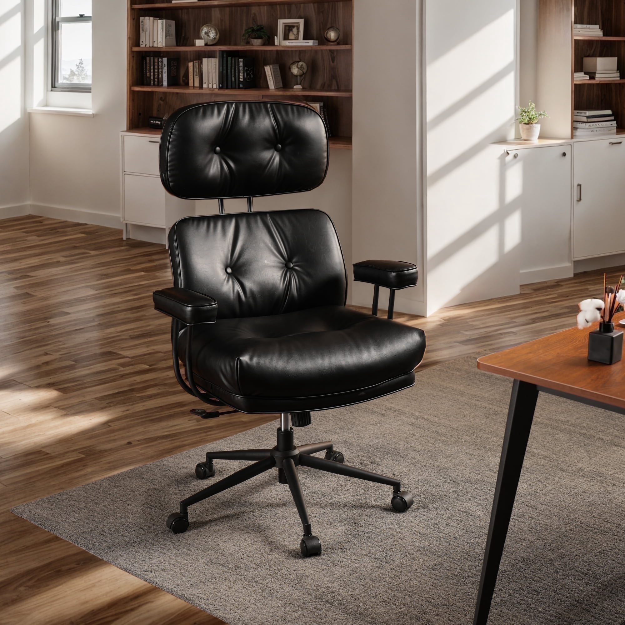 Toject Ergonomic Office Chair, High Back Comfy Home Office Chair with Lumbar Support, Mid-Century Modern Computer Executive Desk Chair with Thickened Cushions (PU Leather, Black)
