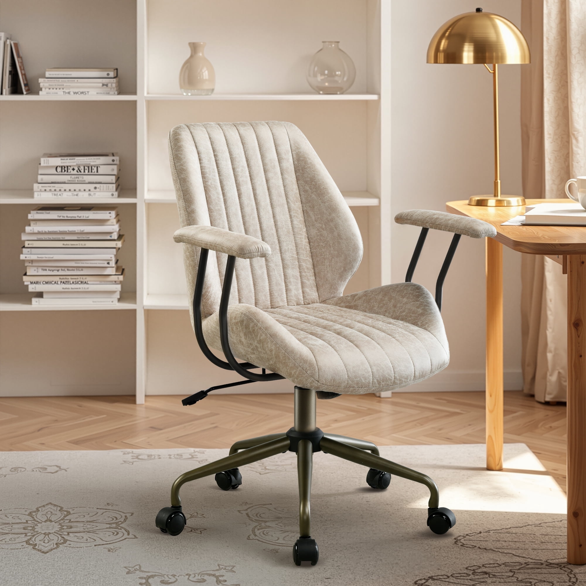 Toject Ergonomic Office Chair, Mid Back Comfy Home Office Chair with Lumbar Support, Mid-Century Modern Computer Executive Desk Chair with Thickened Cushions (Suede Leather, Beige)