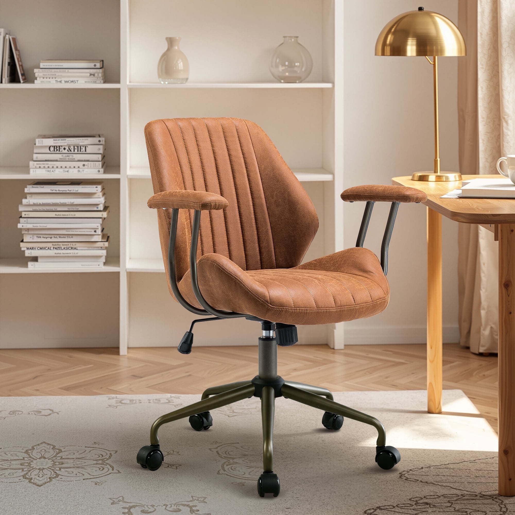 Toject Ergonomic Office Chair, Mid Back Comfy Home Office Chair with Lumbar Support, Mid-Century Modern Computer Executive Desk Chair with Thickened Cushions (Suede Leather, Brown)