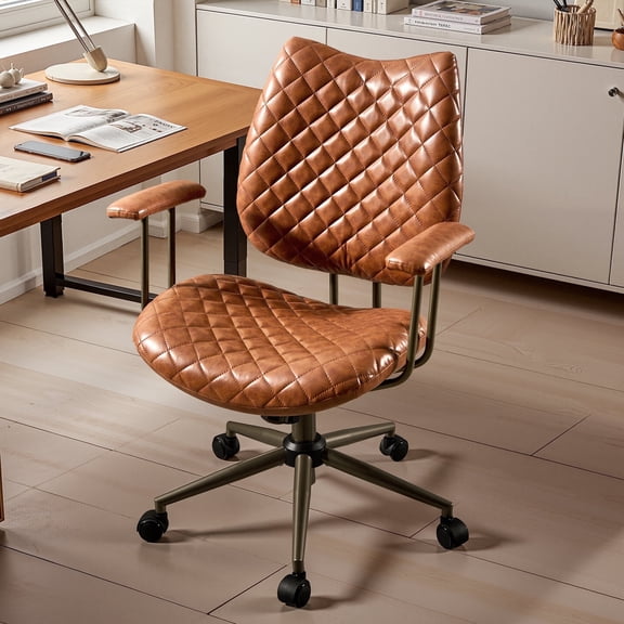 Toject Leather Office Chair, Mid Back Home Office Chair with Lumbar Support, Ergonomic Computer Chairs, Executive Desk Chairs with Thickened Cushions, Task Chairs for Office, PU Leather, Brown