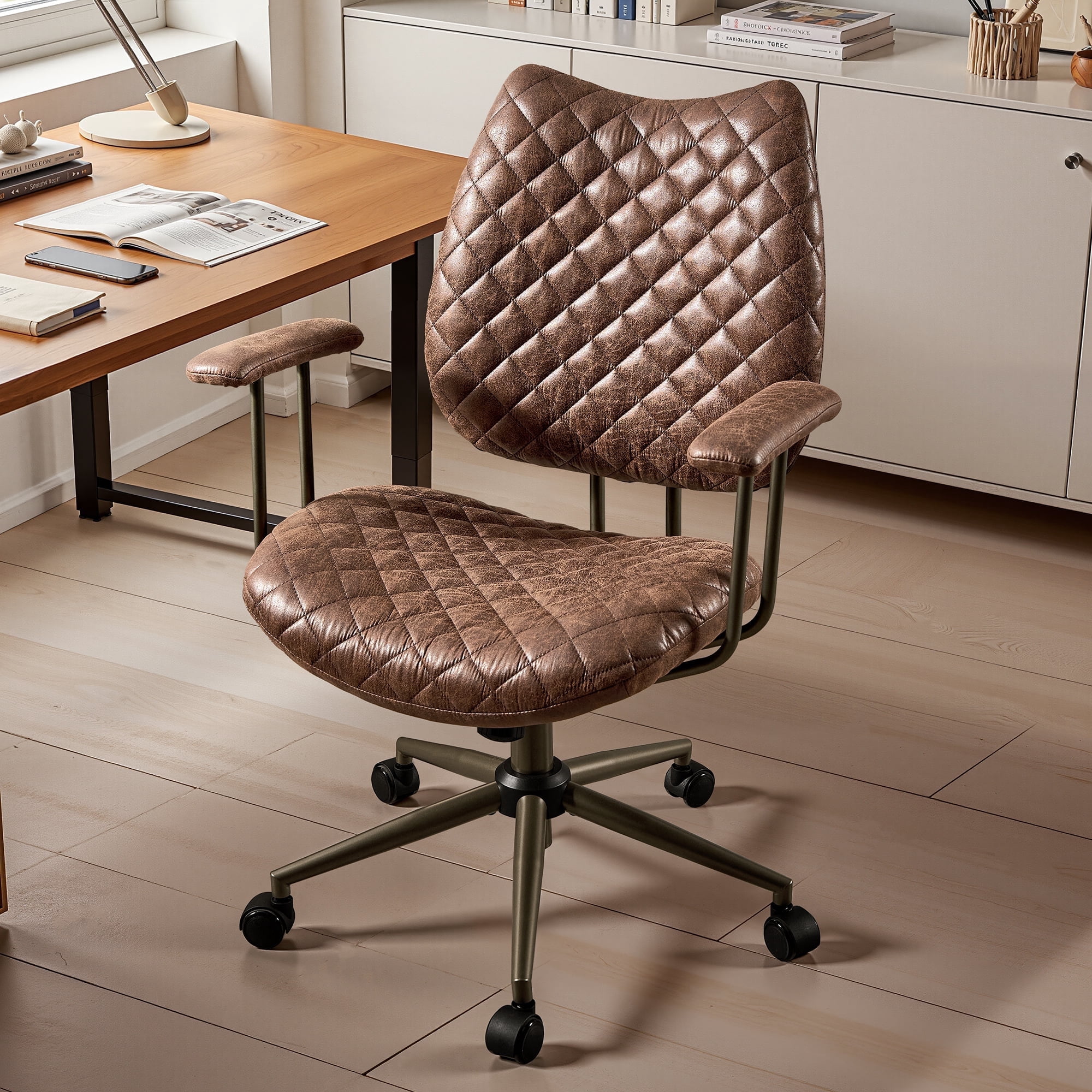 Toject Leather Office Chair, Mid Back Home Office Chair with Lumbar Support, Ergonomic Computer Chairs, Executive Desk Chairs with Thickened Cushions, Task Chairs for Offic, Suede Leather, Dark Brown