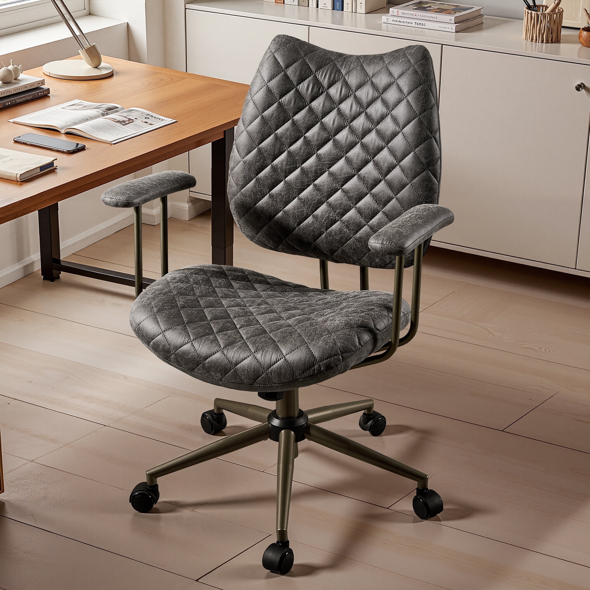 Toject Leather Office Chair, Mid Back Home Office Chair with Lumbar Support, Ergonomic Computer Chairs, Executive Desk Chairs with Thickened Cushions, Task Chairs for Office, Suede Leather, Gray