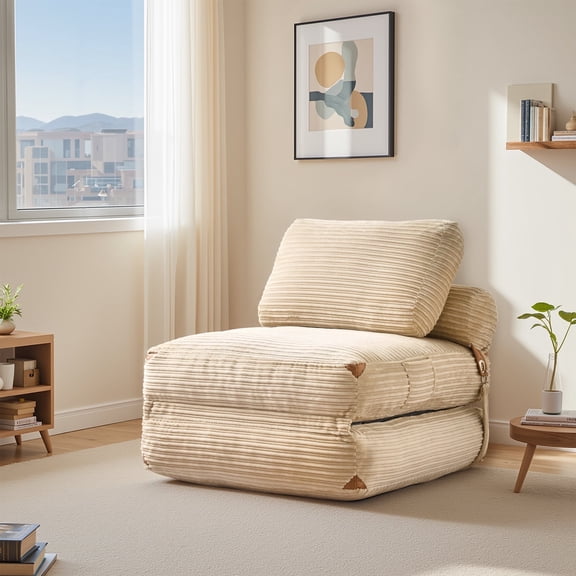 Toject Folding Sofa Bed, Convertible Floor Couch with Pillow, Portable Sleeper Chair with Back Support, Foldable Mattress for Living Room, Bedroom, Corduroy, Beige