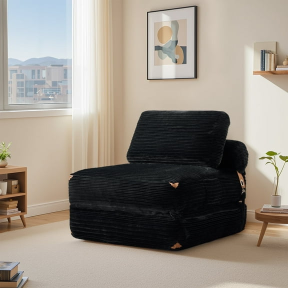 Toject Folding Sofa Bed, Convertible Floor Couch with Pillow, Portable Sleeper Chair with Back Support, Foldable Mattress for Living Room, Bedroom, Corduroy, Black