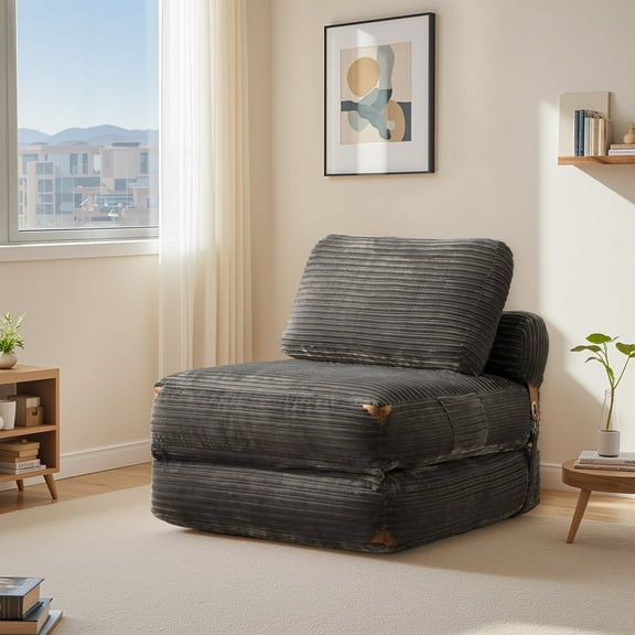 Toject Folding Sofa Bed, Convertible Floor Couch with Pillow, Portable Sleeper Chair with Back Support, Foldable Mattress for Living Room, Bedroom, Corduroy, Gray