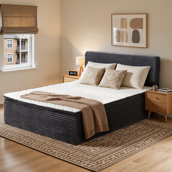 Toject Full Size Bed with Memory Foam Mattress, Soft Bed with Matching Headboard, Medium Firm Mattress in a Box, No Assembly Required and No Bed Frame Needed, Bedrooms, Apartment, Gray