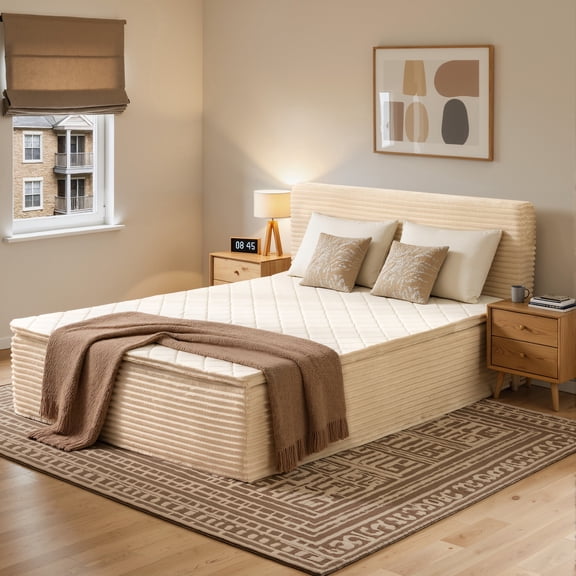 Toject Full Size Bed with Memory Foam Mattress, Soft Bed with Matching Headboard, Medium Firm Mattress in a Box, No Assembly Required and No Bed Frame Needed, Bedrooms, Apartment, Beige