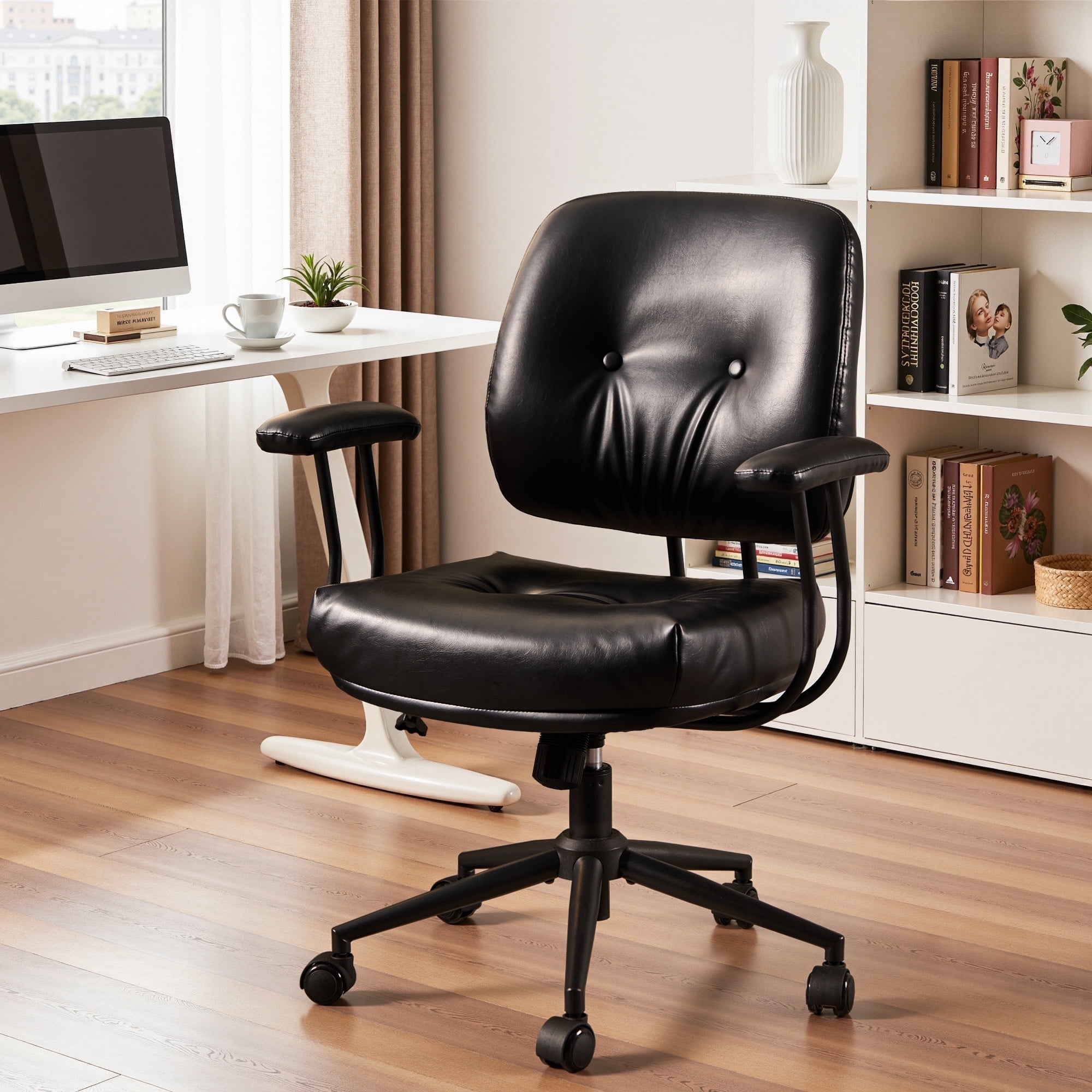 Toject Office Chair, Executive Desk Chair with Lumbar Support, Comfy Office Chair Adjustable Height Rolling Swivel Chair, Computer Chair Task Chair for Office Area, PU Leather, Black