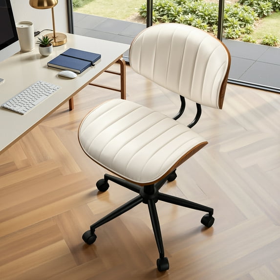 Toject Office Chair, Task Chair with Stripes Wooden Back, Mid-Century Modern Computer Chair, Armless Desk Chair for Home Office, White