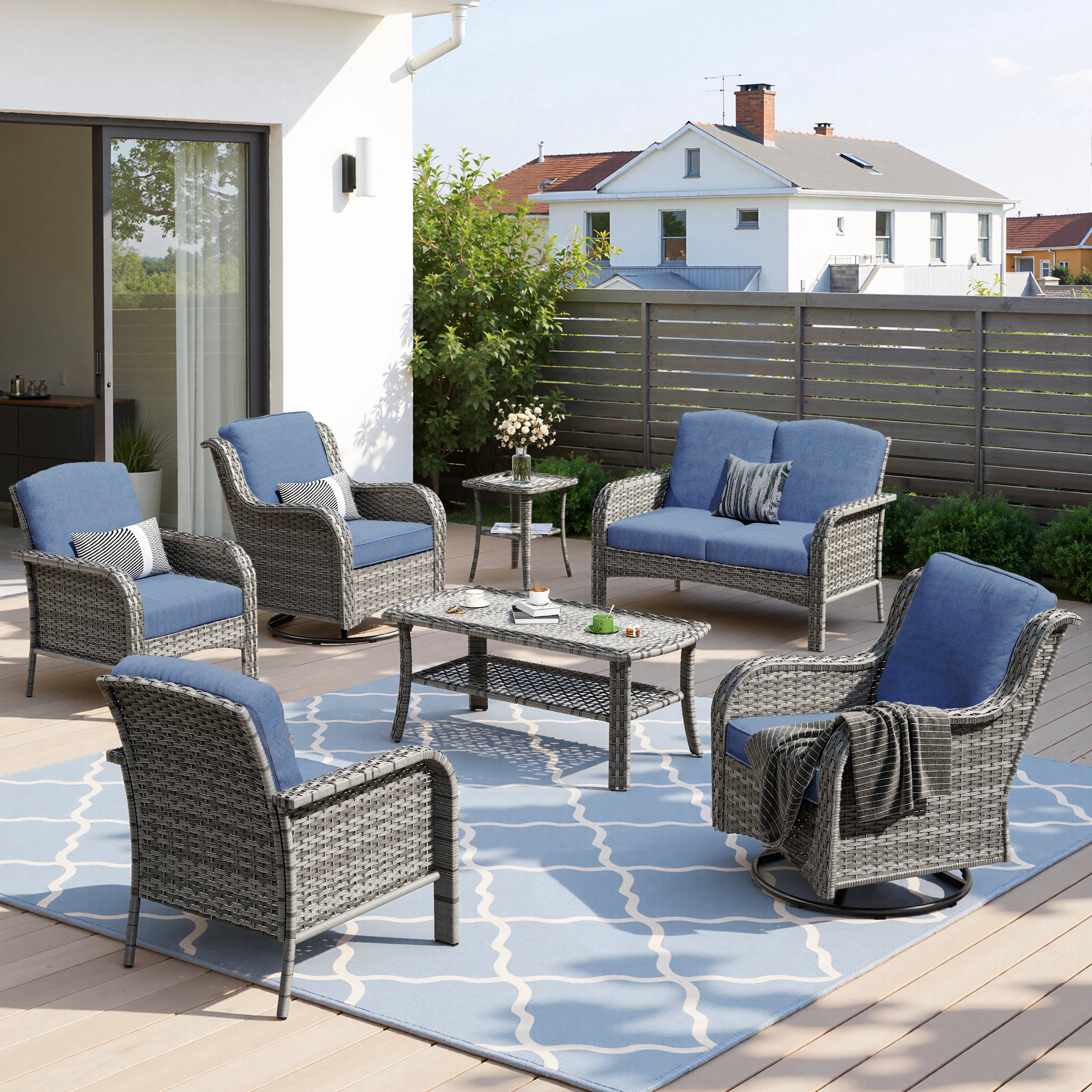 Toject Outdoor Patio Furniture, 7 Pieces Outdoor Conversation Set with High Back Loveseat and Swivel Chairs, All Weather Wicker Outside Furniture with Patio Chairs for Porch, Balcony (Denim Blue)