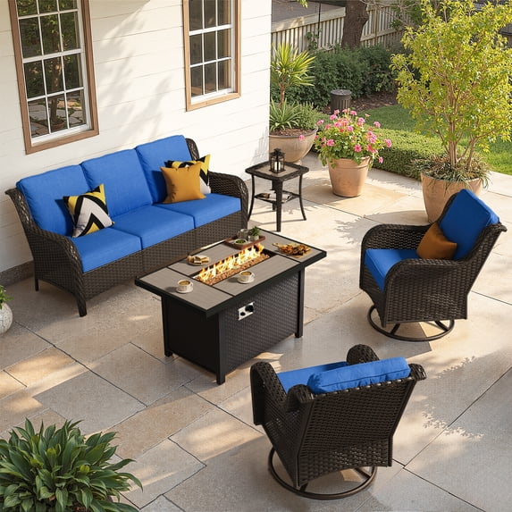 Toject Outdoor Patio Furniture Set, All-Weather Brown Wicker Outside Furniture with 42 Inch Fire Pit Table, 5 Pieces Conversation Set with Swivel Chairs for Backyard Deck Garden, Navy Blue