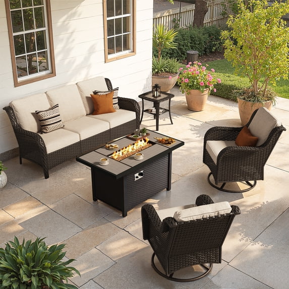 Toject Outdoor Patio Furniture Set, All-Weather Brown Wicker Outside Furniture with 42 Inch Fire Pit Table, 5 Pieces Conversation Set with Swivel Chairs for Backyard Deck Garden, Beige