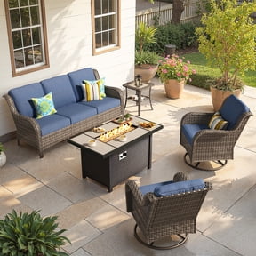 Toject Outdoor Patio Furniture Set, All-Weather Gray Wicker Outside Furniture with 42 Inch Fire Pit Table, 5 Pieces Conversation Set with Swivel Chairs for Backyard Deck Garden, Denim Blue