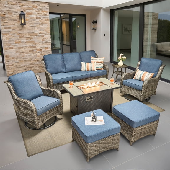 Toject Outdoor Patio Furniture Set, All-Weather Gray Wicker Outside Furniture with 42 Inch Fire Pit Table, 7 Pieces Conversation Set with Swivel Chairs & Ottomans for Backyard Deck Garden, Denim Blue