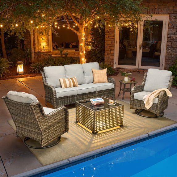 Toject Outdoor Patio Furniture Set, All-Weather Gray Wicker Outside Furniture with Solar Coffee Table, 5 Pieces Conversation Set with Swivel Chairs for Backyard Deck Garden, Gray