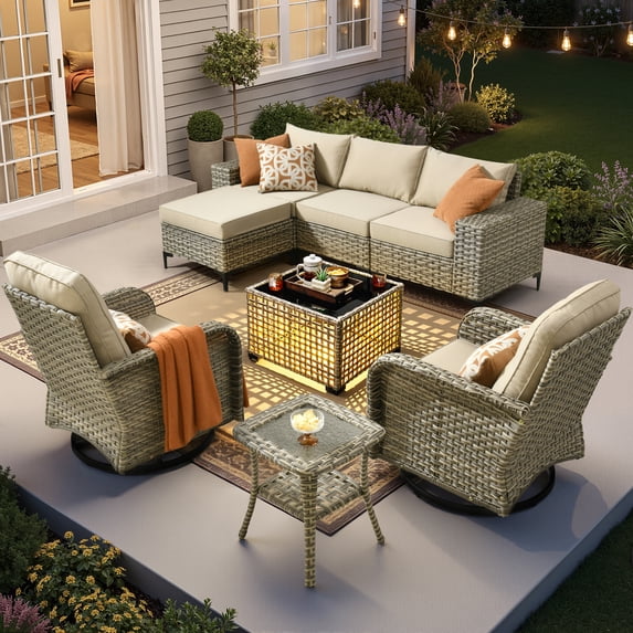 Toject Outdoor Patio furniture Set 8 Pieces Patio Conversation Set with Swivel Chairs Wicker Outside Furniture Outdoor Sectional Sofa with Solar Powered Coffee Table for Porch Backyard, Beige