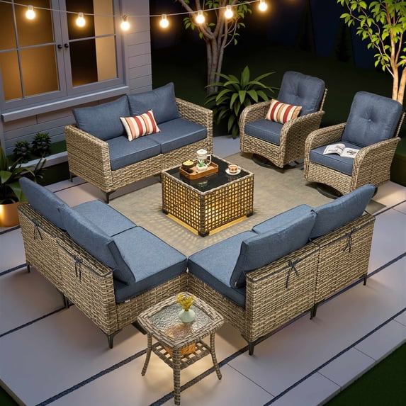 Toject Patio Furniture 10 Pieces All Weather Wicker Patio Conversation Set with Solar Powered Coffee Table Outside Furniture Outdoor Sectional with Swivel Chairs for Backyard, Denim Blue