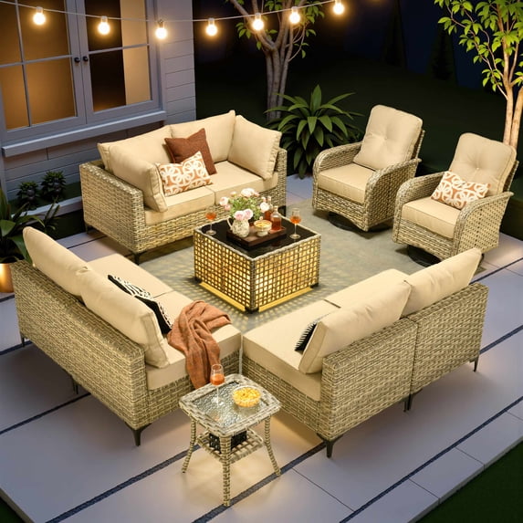 Toject Patio Furniture 10 Pieces All Weather Wicker Patio Conversation Set with Solar Powered Coffee Table Outside Furniture Outdoor Sectional with Swivel Chairs for Backyard, Beige