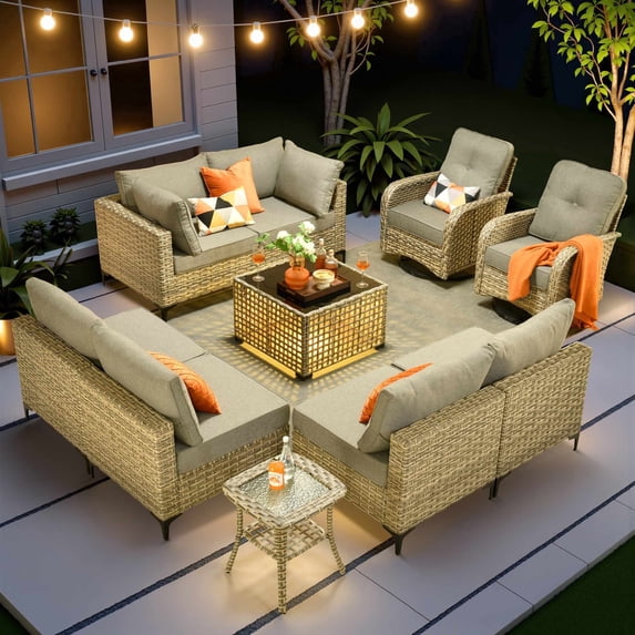 Toject Patio Furniture 10 Pieces All Weather Wicker Patio Conversation Set with Solar Powered Coffee Table Outside Furniture Outdoor Sectional with Swivel Chairs for Backyard, Dark Gray
