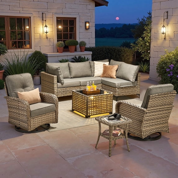 Toject Patio Furniture 8 Pieces All Weather Wicker Patio Conversation Set with Solar Powered Coffee Table Outside Furniture Outdoor Sectional with Swivel Chairs for Backyard, Dark Gray