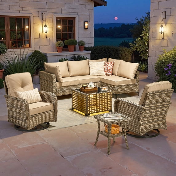 Toject Patio Furniture 8 Pieces All Weather Wicker Patio Conversation Set with Solar Powered Coffee Table Outside Furniture Outdoor Sectional with Swivel Chairs for Backyard, Beige