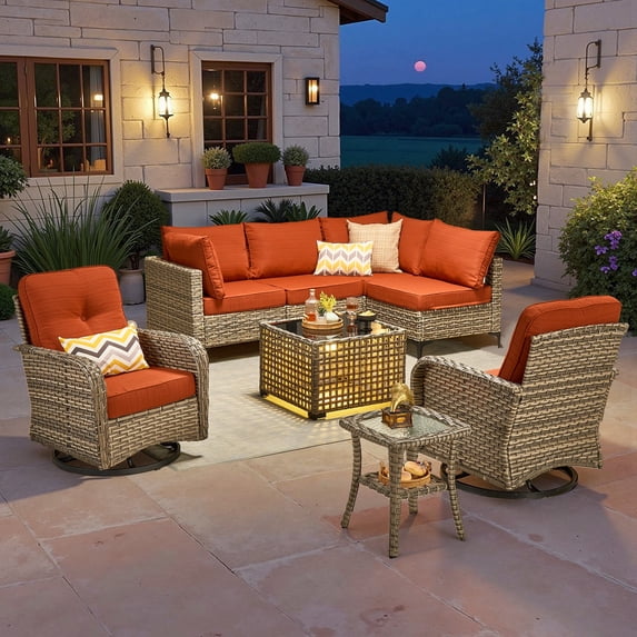 Toject Patio Furniture 8 Pieces All Weather Wicker Patio Conversation Set with Solar Powered Coffee Table Outside Furniture Outdoor Sectional with Swivel Chairs for Backyard, Orange