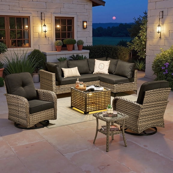 Toject Patio Furniture 8 Pieces All Weather Wicker Patio Conversation Set with Solar Powered Coffee Table Outside Furniture Outdoor Sectional with Swivel Chairs for Backyard, Black