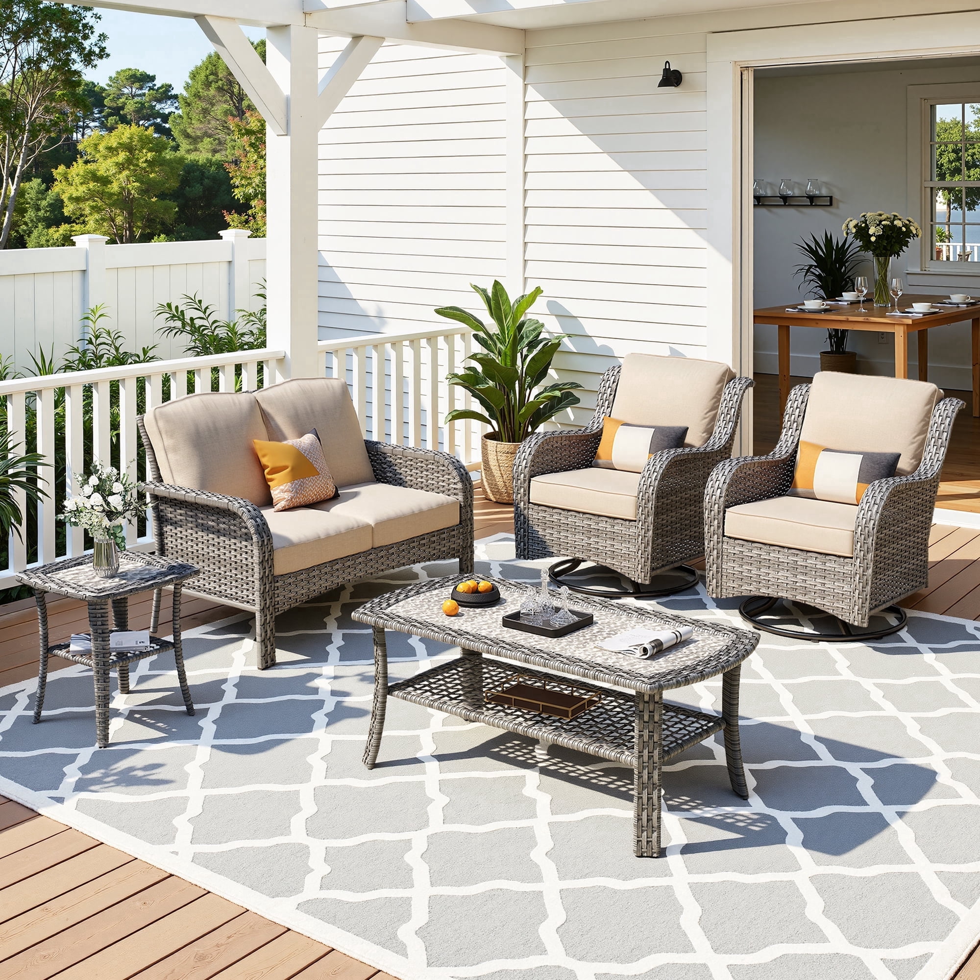 Toject Patio Furniture Set, 5 Pieces Outdoor Conversation Set with High Back Loveseat and Swivel Chairs, All Weather Wicker Outside Furniture for Porch, Balcony (Beige)