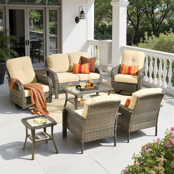 Toject Patio Furniture Set, 7 Pieces Outdoor Furniture Wicker Patio Conversation Set with Swivel Chairs, High Back Outdoor Chairs Loveseat for Backyard, Garden, Beige