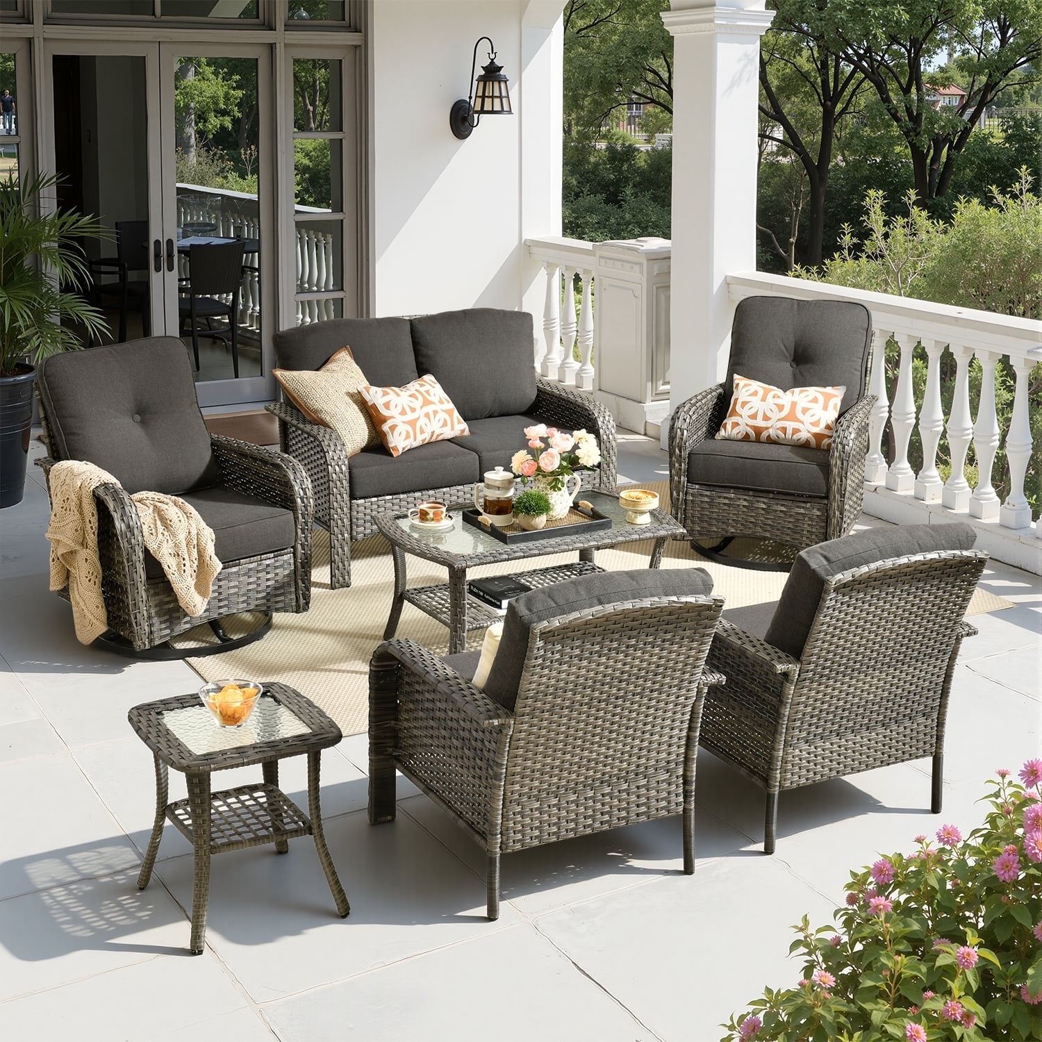 Toject Patio Furniture Set, 7 Pieces Outdoor Furniture Wicker Patio Conversation Set with Swivel Chairs, High Back Outdoor Chairs Loveseat for Backyard, Garden, Black