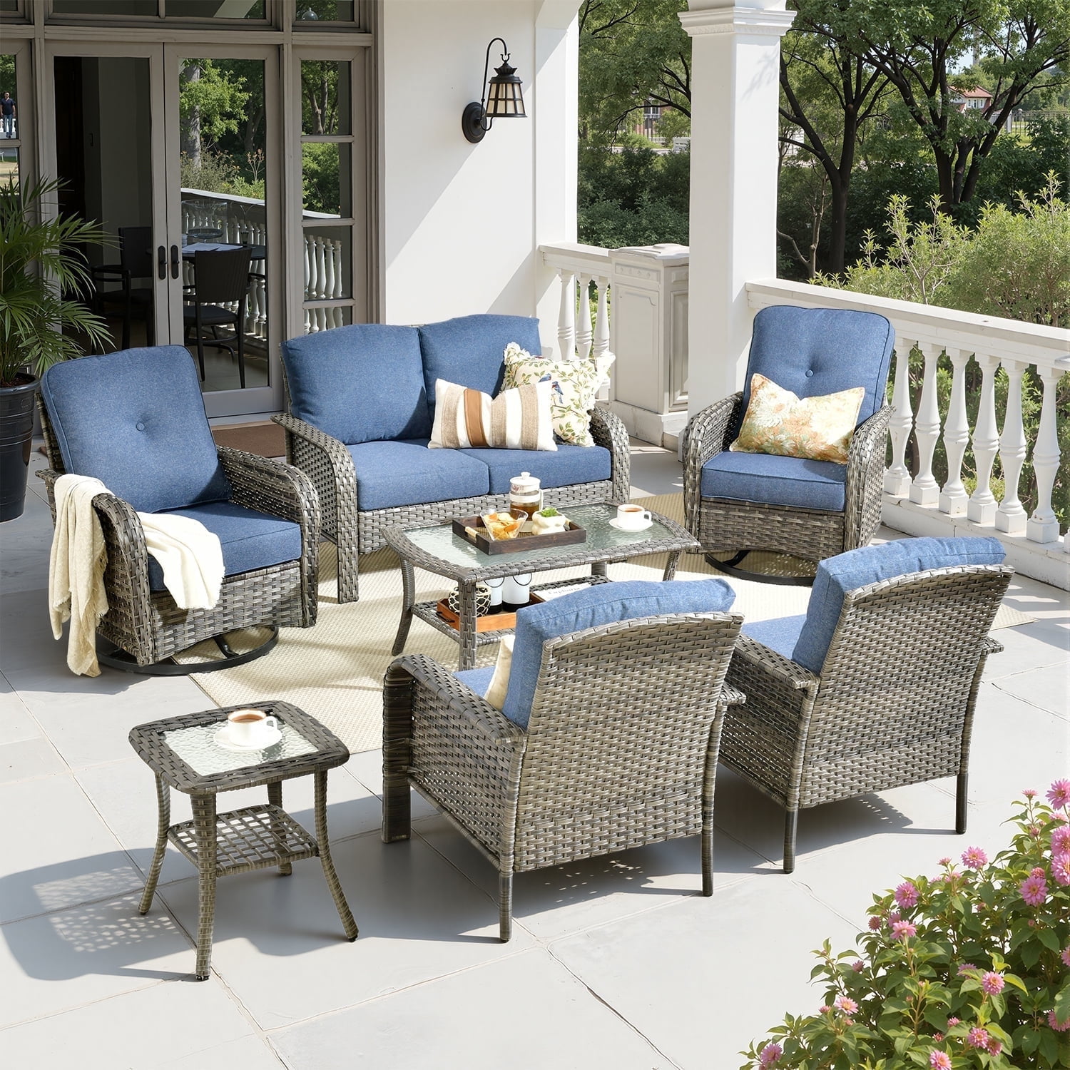 Toject Patio Furniture Set, 7 Pieces Outdoor Furniture Wicker Patio Conversation Set with Swivel Chairs, High Back Outdoor Chairs Loveseat for Backyard, Garden, Denim Blue
