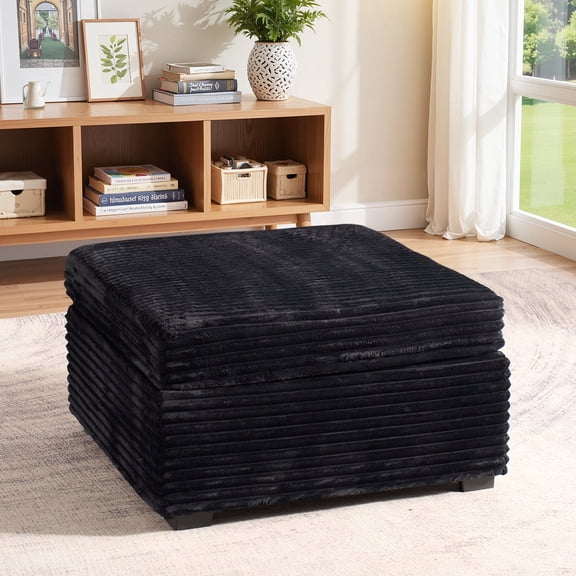 Toject Plush Corduroy Ottoman, Modular Footrest for Sectional Sofa, Soft Square Foot Stool for Living Room, Black