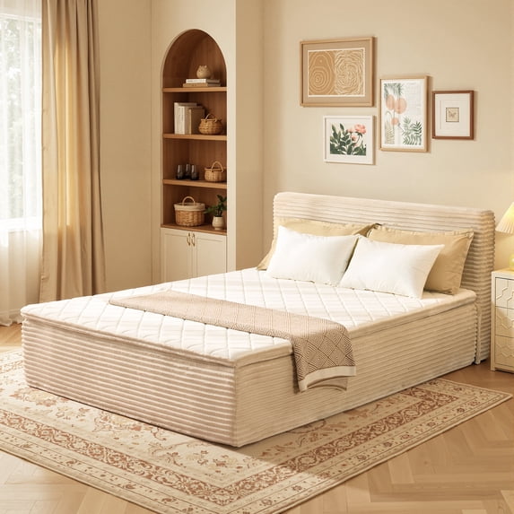 Toject Queen Size Bed with Memory Foam Mattress, Soft Bed with Matching Headboard, Medium Firm Mattress in a Box, No Assembly Required and No Bed Frame Needed, Bedrooms, Apartment, Beige