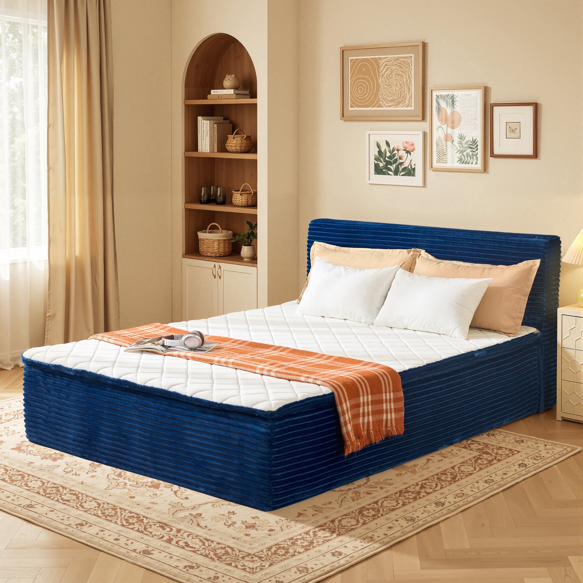 Toject Queen Size Bed with Memory Foam Mattress, Soft Bed with Matching Headboard, Medium Firm Mattress in a Box, No Assembly Required and No Bed Frame Needed, Bedrooms, Apartment, Blue