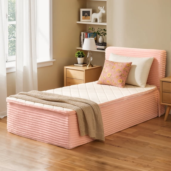 Toject Twin Size Memory Foam Mattress, Soft Bed with Matching Headboard, Medium Firm Mattress in a Box, No Assembly Required and Bed Frame Needed, Support for Modern Bedrooms, Apartment, Pink