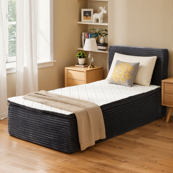 Toject Twin Size Bed with Memory Foam Mattress, Soft Bed with Matching Headboard, Medium Firm Mattress in a Box, No Assembly Required and No Bed Frame Needed, Bedrooms, Apartment, Gray
