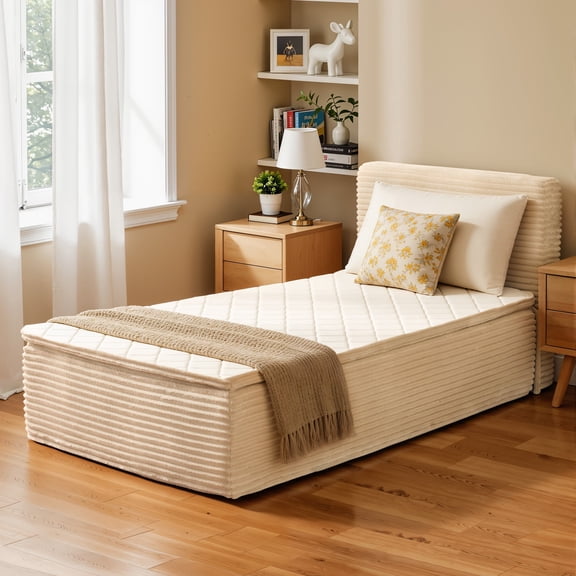 Toject Twin Size Bed with Memory Foam Mattress, Soft Bed with Matching Headboard, Medium Firm Mattress in a Box, No Assembly Required and No Bed Frame Needed, Bedrooms, Apartment, Beige