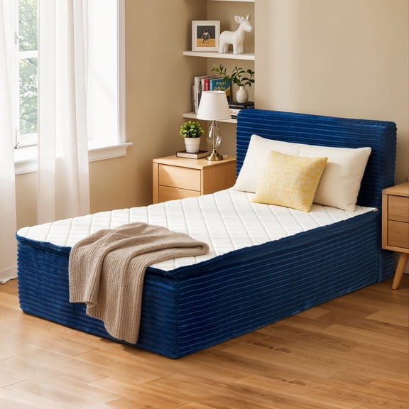 Toject Twin Size Bed with Memory Foam Mattress, Soft Bed with Matching Headboard, Medium Firm Mattress in a Box, No Assembly Required and No Bed Frame Needed, Bedrooms, Apartment, Blue