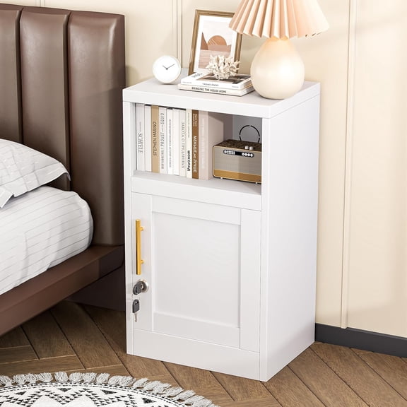 Tokawa Metal Nightstand with Lockable Door and Adjustable Shelf, Small Storage Locker with Open Countertop, Versatile Side Table for Office, Bedroom, and Living Room, White