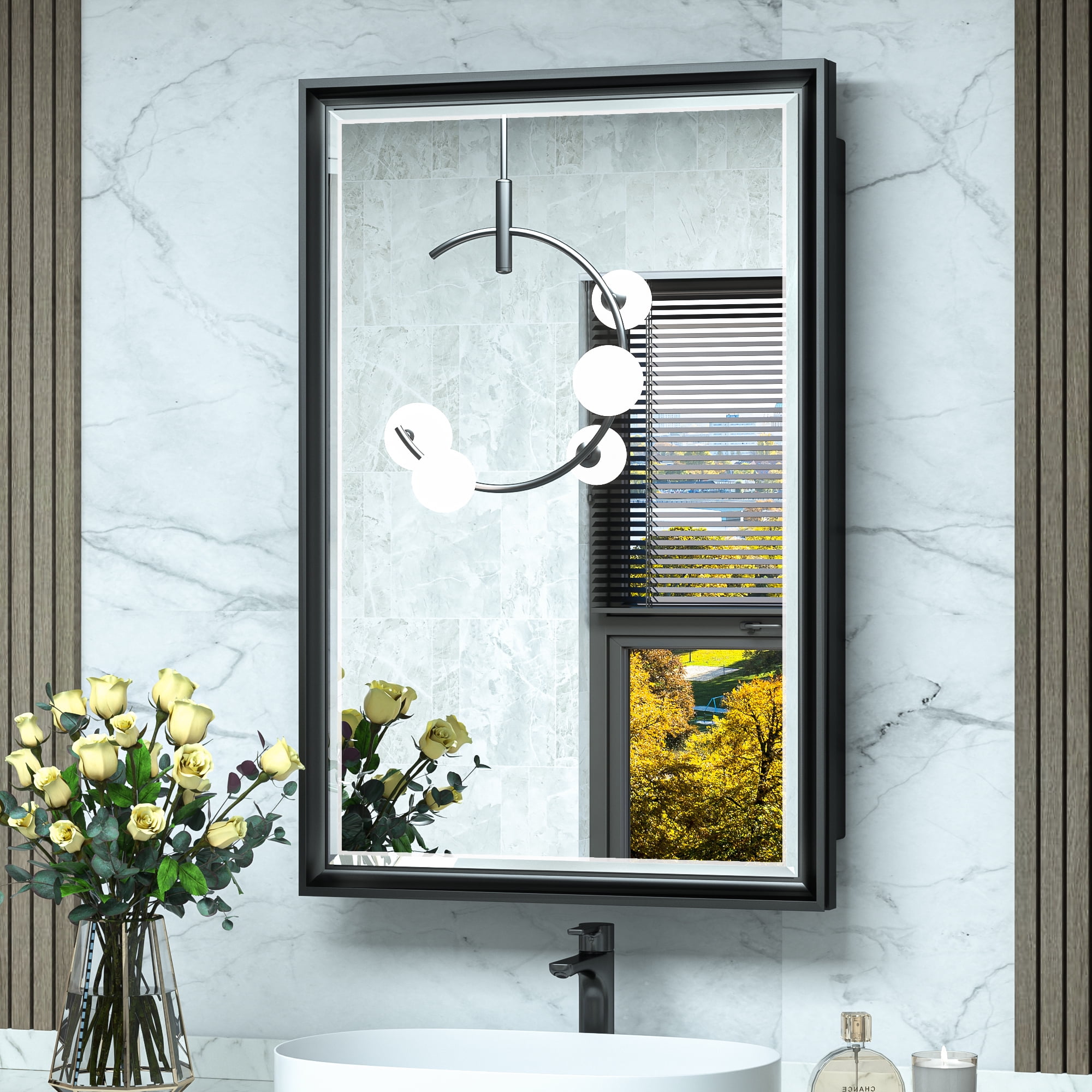 TEHOME 26 in. W x 30 in. H Double Door Rectangular Metal Framed Rounded Bathroom Medicine Cabinet with Mirror in Matt Black