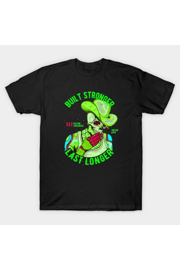 Tokebi's Cyberpunk Enhance Cowboy Skeleton Head Funny Retro Sci-Fi Western Art G4650 T-Shirt, for men and women, Up to Size 5XL